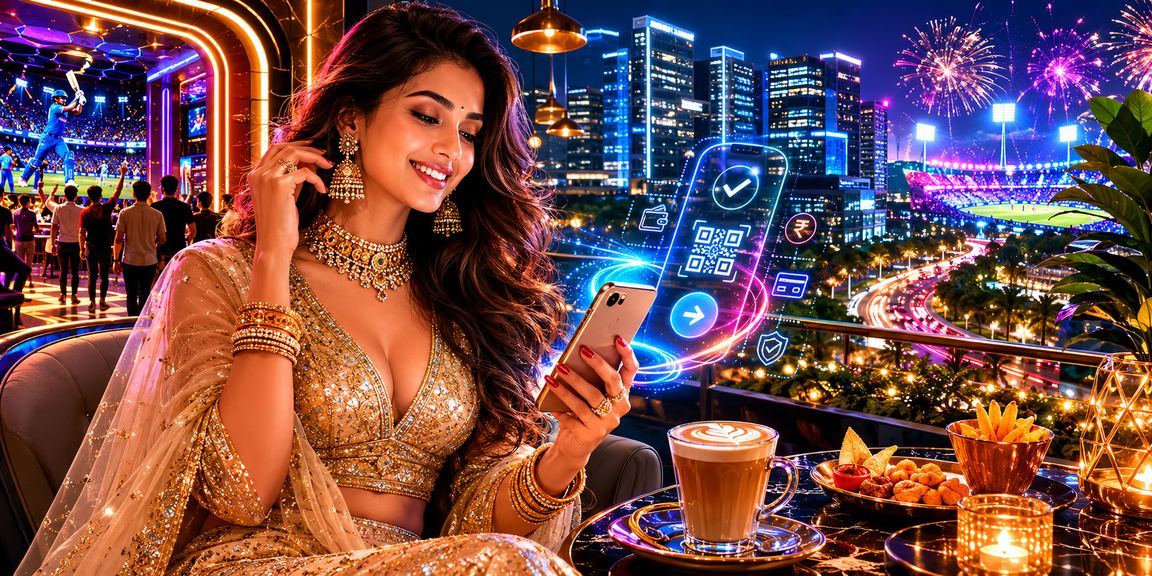 Indian player engaging Teen Patti on mobile with phone in traditional attire