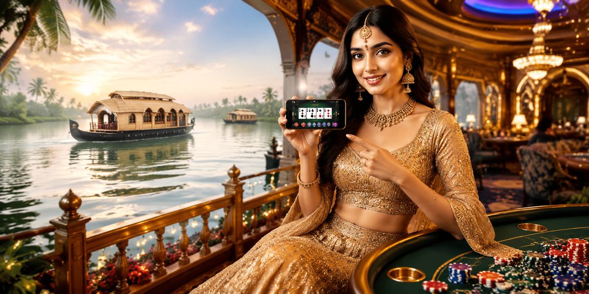 Traditional Indian player enjoying card games near Kerala backwaters